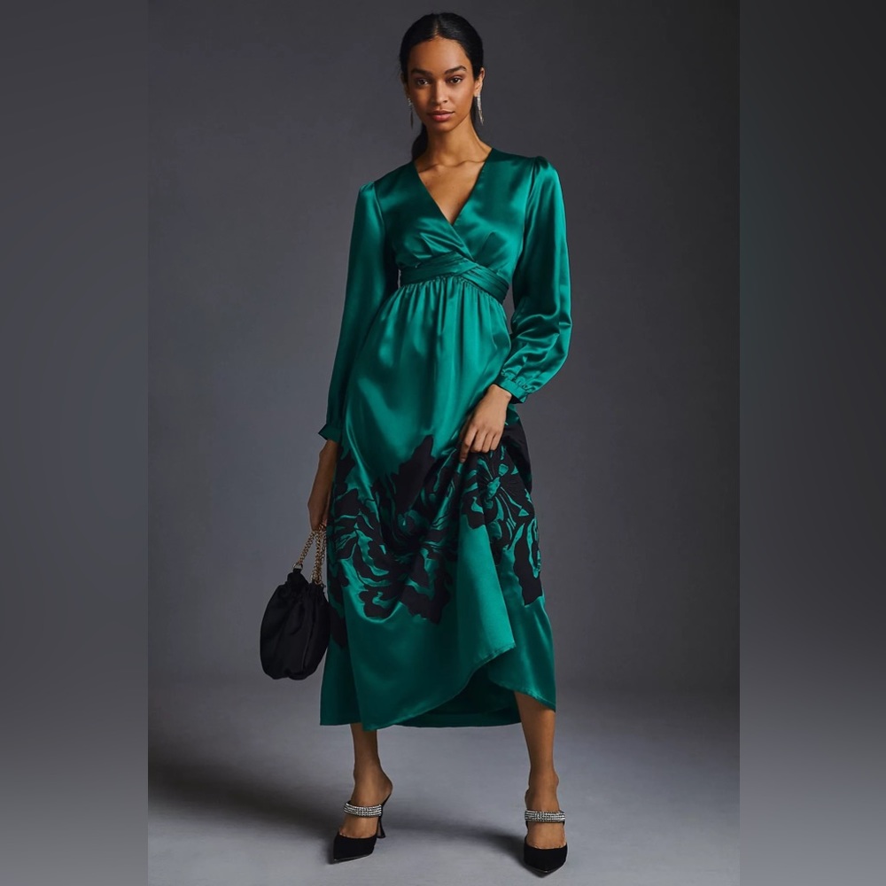 Anthropologie Nikasha Embroidered Satin Midi Dress